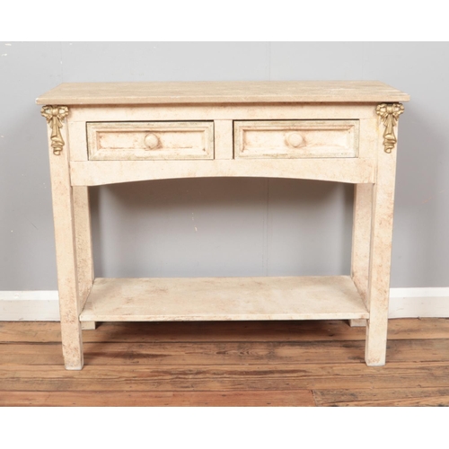 432 - A painted and distressed side table with two drawers. Height 73cm, Width 90cm, Depth 35cm.