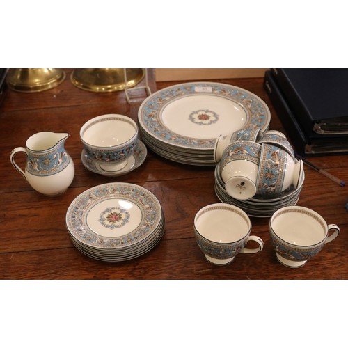 51 - A collection of Wedgwood turquoise Florentine pattern tea wares to include milk jug, sugar bowl, cup... 