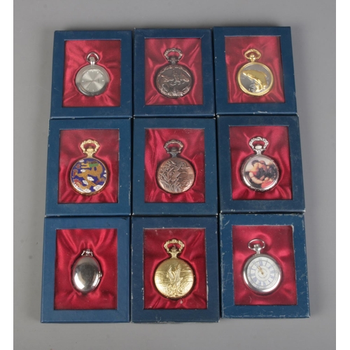 117 - Nine boxed quartz pocket watches including horses, dragon and roman numeral dial examples.