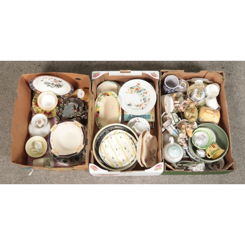 160 - Three boxes of mainly assorted ceramics, including Masons, Midwinter and Alfred Meakin examples.