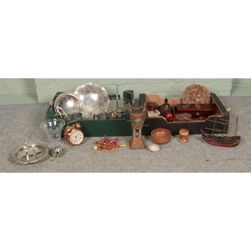 163 - Two boxes of mainly treen and glassware. To include ship model, carved plate, palm gavel, cake stand... 