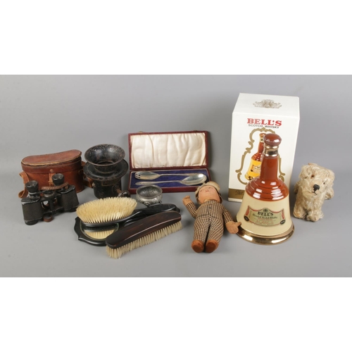 167 - A box of collectables to include boxed and sealed Bell's Whiskey bell, Chad Valley toy dog, vanity s... 