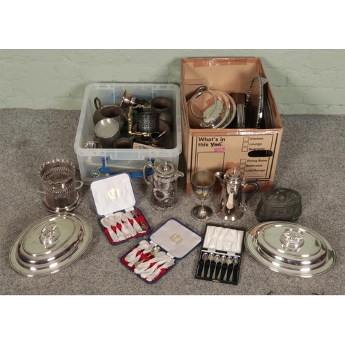 173 - Two boxes of metalwares. Includes silver plated trays, pewter, Walker & Hall coffee pot, tureens, je... 