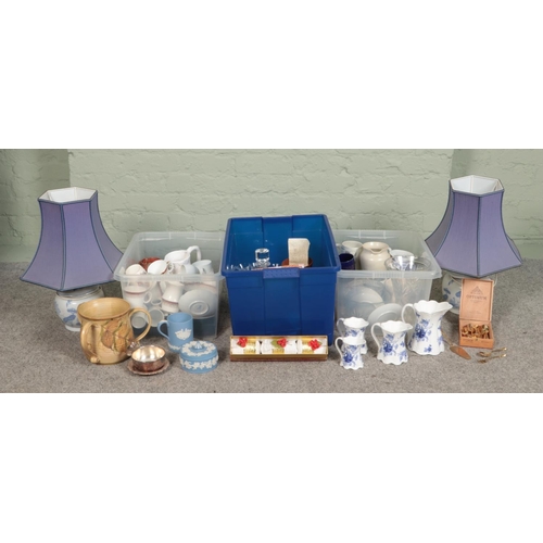 174 - Three boxes of assorted items, mainly ceramics. To include Wedgwood jasperware, 24ct gold plated des... 