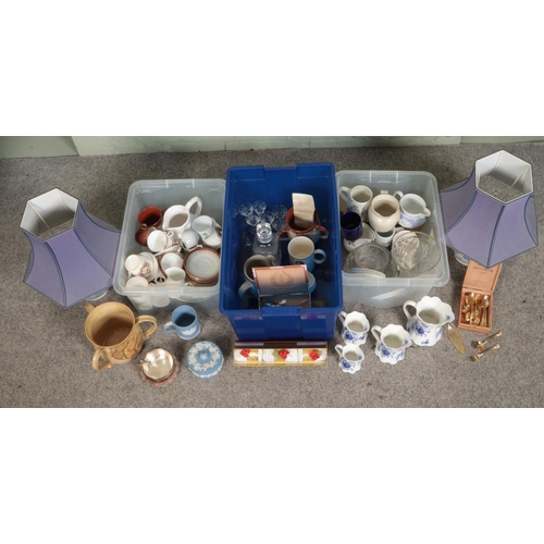 174 - Three boxes of assorted items, mainly ceramics. To include Wedgwood jasperware, 24ct gold plated des... 