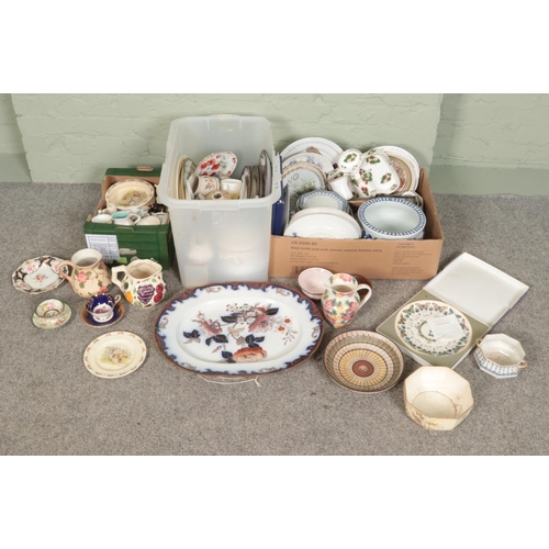 175 - Three boxes of miscellaneous. Includes Losolware dinnerwares, Crown Ducal, floral jugs, Wade Whimsie... 