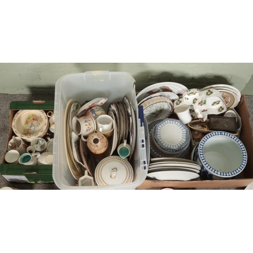 175 - Three boxes of miscellaneous. Includes Losolware dinnerwares, Crown Ducal, floral jugs, Wade Whimsie... 