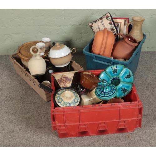 183 - Three large boxes of mixed kitchenalia and stoneware including urns and jugs, denby tea cups, flora ... 