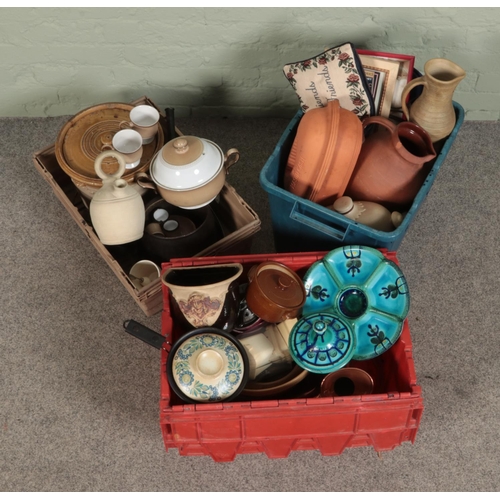 183 - Three large boxes of mixed kitchenalia and stoneware including urns and jugs, denby tea cups, flora ... 