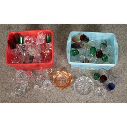 192 - Two boxes of assorted glassware, to include coloured, cut, carnival examples and candlesticks.