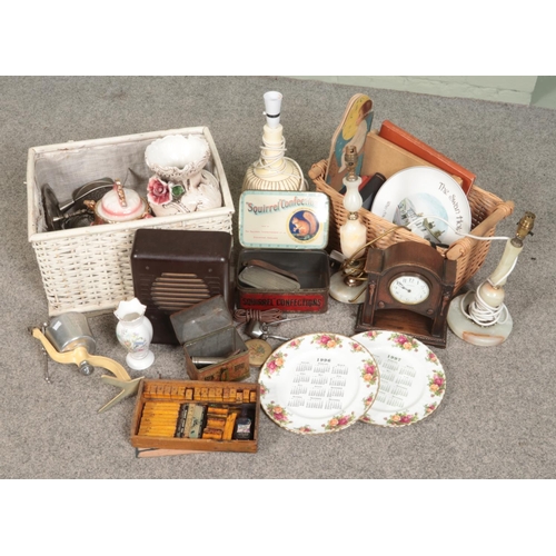 207 - Two boxes of miscellaneous. Includes bakelite speaker, vintage tins, lamps, Ideal Cream Maker, Willi... 