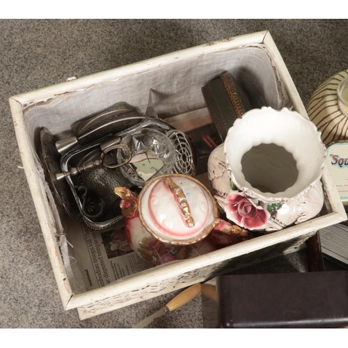 207 - Two boxes of miscellaneous. Includes bakelite speaker, vintage tins, lamps, Ideal Cream Maker, Willi... 