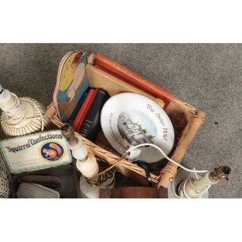 207 - Two boxes of miscellaneous. Includes bakelite speaker, vintage tins, lamps, Ideal Cream Maker, Willi... 