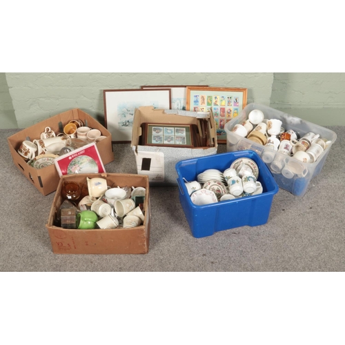 209 - Five boxes of mostly ceramics and prints. Including Palissy tea set and other incomplete tea sets su... 