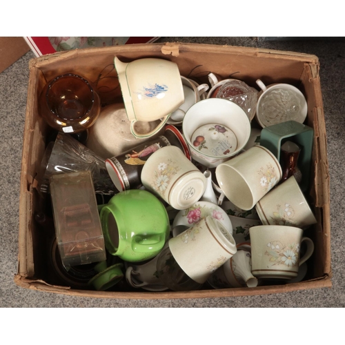 209 - Five boxes of mostly ceramics and prints. Including Palissy tea set and other incomplete tea sets su... 