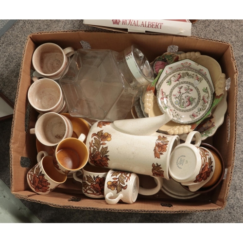 209 - Five boxes of mostly ceramics and prints. Including Palissy tea set and other incomplete tea sets su... 