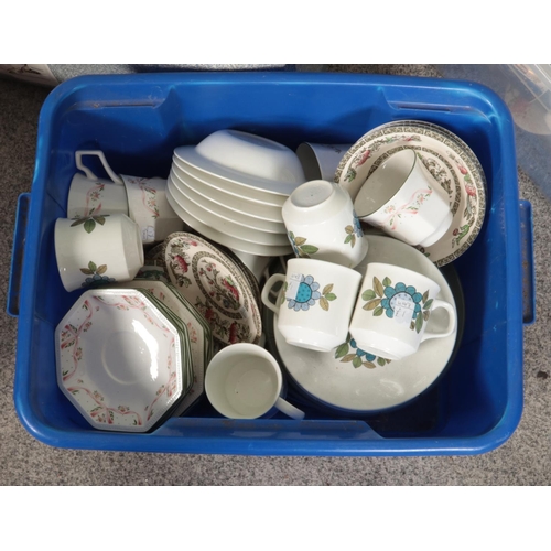 209 - Five boxes of mostly ceramics and prints. Including Palissy tea set and other incomplete tea sets su... 