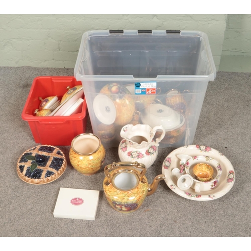 210 - Two boxes of ceramics to include large dinner service hand-painted in the style of Royal Worcester, ... 