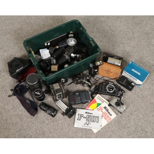 215 - A box of cameras and photographic equipment. Includes Kodak Film Tank, Olympus AF-10, Zoom 600, Supe... 