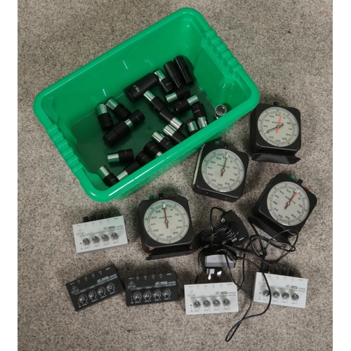 222 - A box of miscellaneous. Includes Behringer Micro Amps, Smiths stop clocks and microscope lenses.