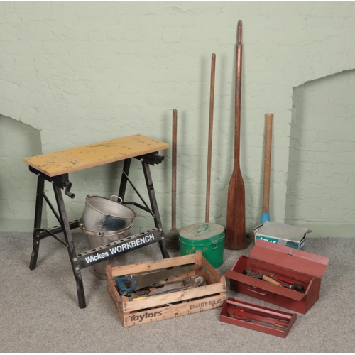 A quanitity of tools inlcuding Wickes workbench circular saw