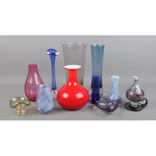 68 - A collection of art glass, to include Vasart style vases, Dartington examples, glasses and pin tray.