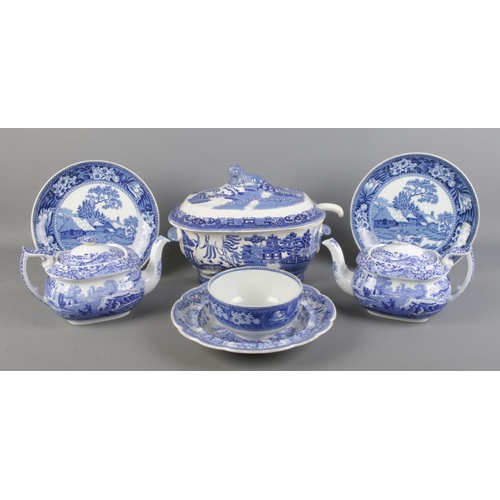 75 - A small collection of blue and white ceramics, to include two Copeland Spode teapots, Wedgwood 'Fall... 