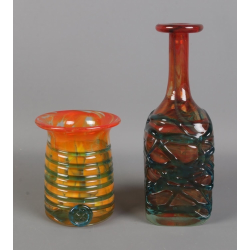 89 - Two Mdina Maltese glass vases featuring blue trailed designs to exterior. Approx. height of tallest ... 