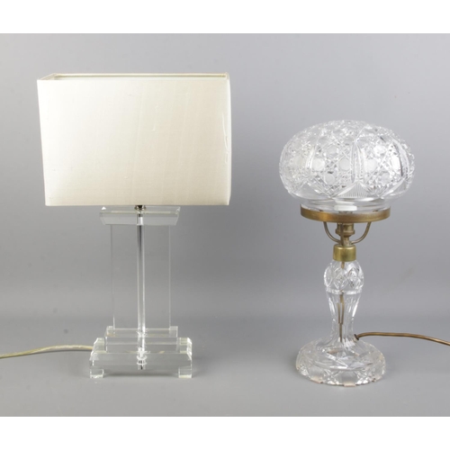 91 - Two glass table lights, to include crystal example with hobnail cut dome shade.