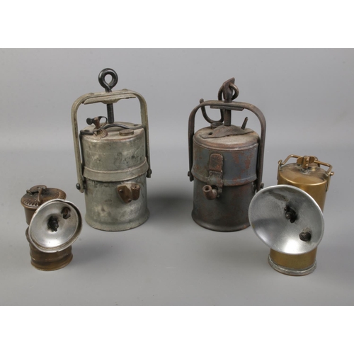 97 - Premier Brass Carbide Lamp, 10.5cm high, Premier lamp example and two others larger