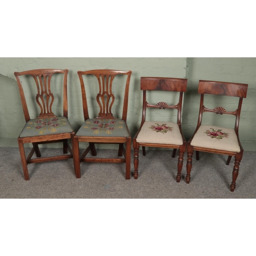 487 - Two pairs of dining chairs. Includes carved mahogany examples with shell decoration, etc.