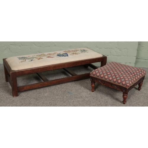 493 - Two oak footstools. Includes carved example, etc.