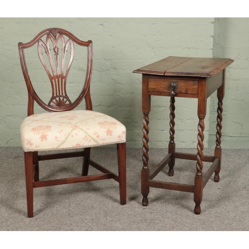 499 - A small oak side table with lower drawer and barleytwist supports, together with a hepplewhite style... 