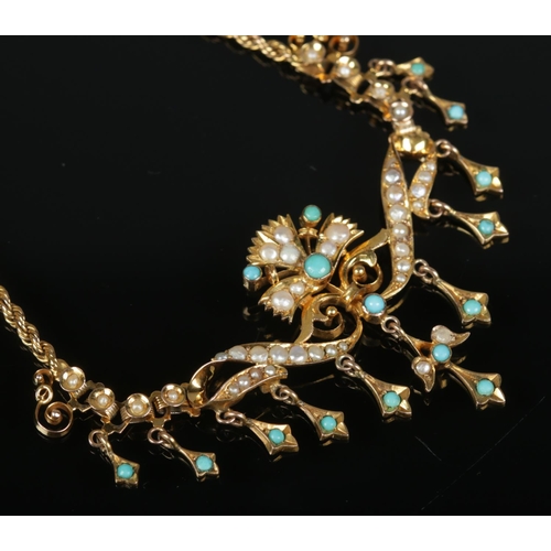 105 - An early 20th century gold, seed pearl and turquoise necklace. Tests to 15ct. 11.15g.