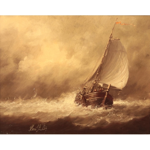 129 - A gilt framed oil on panel, seascape with a sail boat, signed, possibly Verhey. 18.5cm x 13cm.