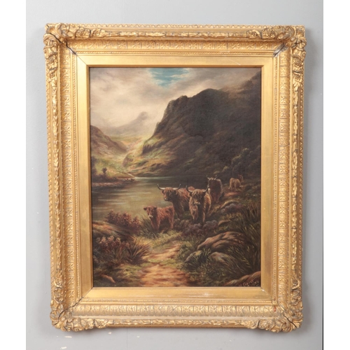 131 - H Cooper, a large pair of gilt framed oils on canvas, landscape scenes with cattle. Signed and dated... 