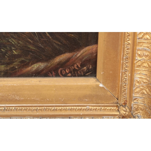 131 - H Cooper, a large pair of gilt framed oils on canvas, landscape scenes with cattle. Signed and dated... 