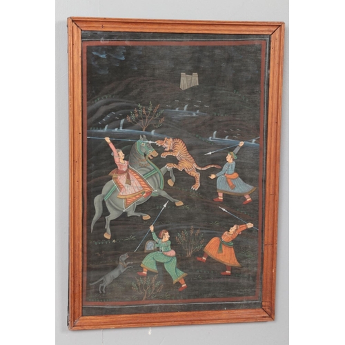 133 - A framed 19th century Indian painting on silk depicting a tiger hunt. 50cm x 33cm.