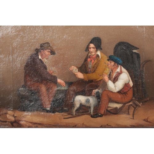 134 - A framed continental oil on canvas, card players, signed indistinct. 21cm x 29.5cm.