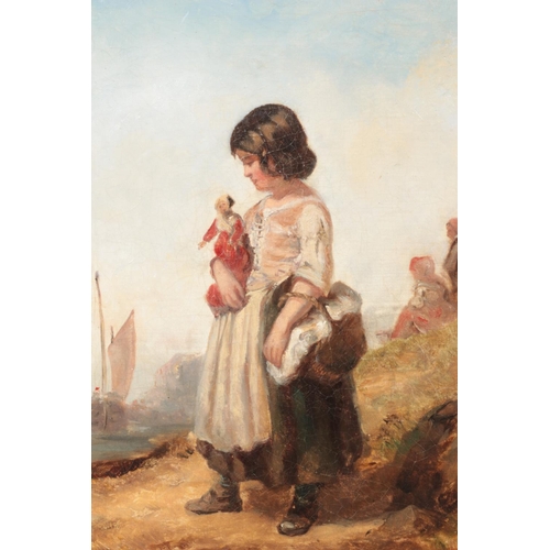 135 - A 19th century gilt frame oil on canvas, depicting a girl holding a doll and basket looking out to s... 