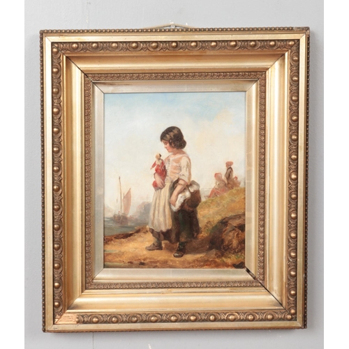 135 - A 19th century gilt frame oil on canvas, depicting a girl holding a doll and basket looking out to s... 