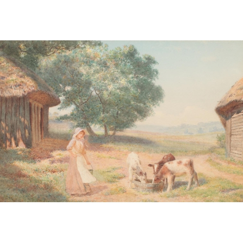 137 - Joseph Kirkpatrick (1872-1936), a gilt framed watercolour, farming scene, titled Feeding The Calves.... 