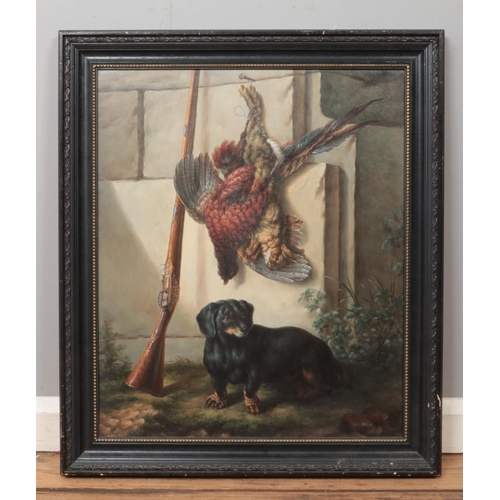 139 - Ernst Dreffer, a large framed oil on canvas depicting a Dachshund sat beside a rifle underneath hang... 