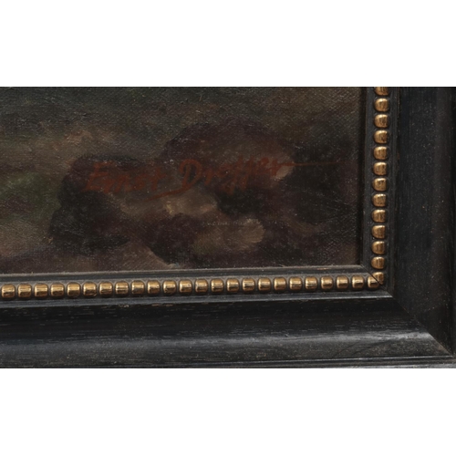 139 - Ernst Dreffer, a large framed oil on canvas depicting a Dachshund sat beside a rifle underneath hang... 