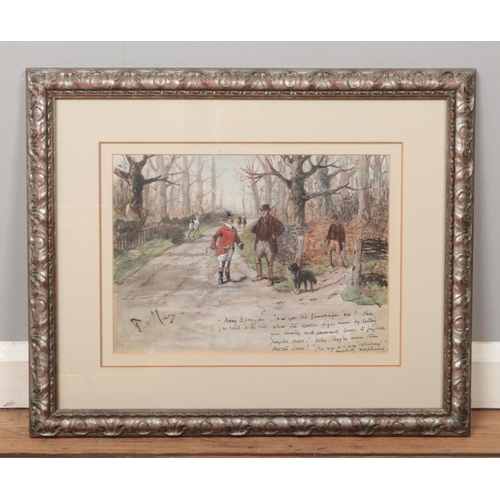 142 - A framed watercolour, hunting scene with comedic text. Signed indistinct. 26cm x 36cm.