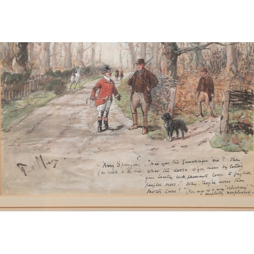 142 - A framed watercolour, hunting scene with comedic text. Signed indistinct. 26cm x 36cm.