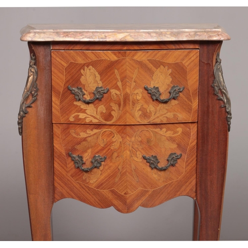 150 - A French bedside chest of drawers with marquetry inlay and marble top. Height 76cm, Width 44cm, Dept... 
