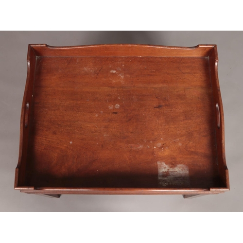 155 - A 19th century mahogany tray top table raised on four square cut legs. Height 52cm, Width 66cm, Dept... 
