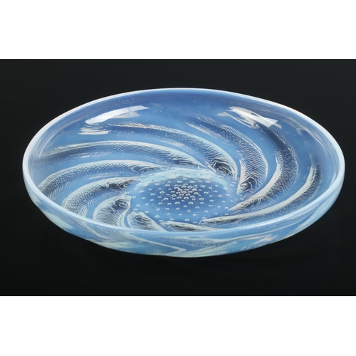 Rene Lalique, an opalescent glass Poisson dish/shallow bowl. Raised signature to centre, R Lalique. Diameter 25cm.
