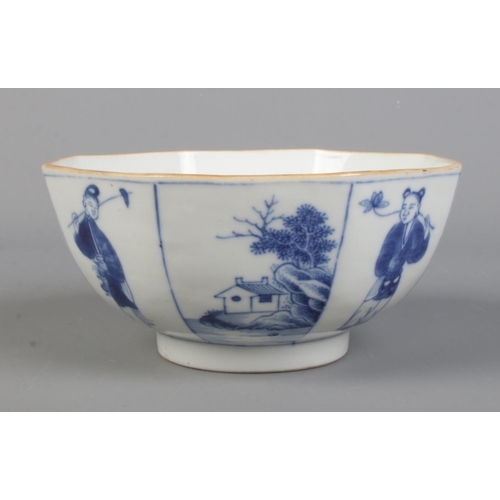 35 - A 19th century Chinese octagonal bowl decorated in underglaze blue with figures, landscapes and flow... 